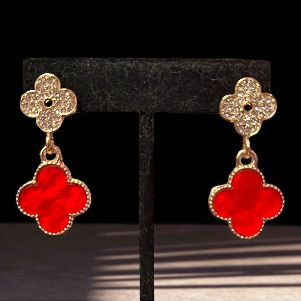 Designer Inspired Elegant Red Clover Crystal Gold Tone Dangle Earrings
